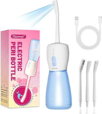 Electric Peri Bottle for Postpartum:3 Nozzles, 3 Modes, Rechargeable | Leak-proof, auto shut-off, 60 uses per charge, one-touch rinsing, spa-like cleansing for all ages