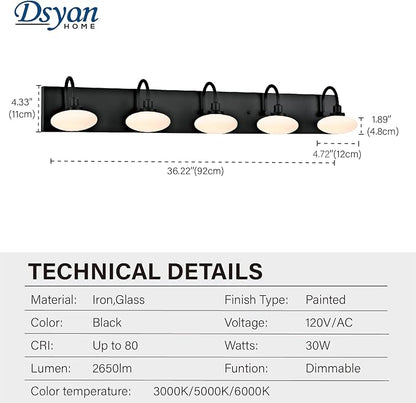 Matt Black LED Vanity Light Fixtures,5-Light Bathroom Vanity Lamp Wall Sconce Light,Wall Lamp Over Mirror,Modern Bath Light for Bathroom,Hallway,3000K-6000K,Selectable,Dimmable