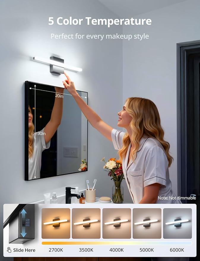 Combuh 2 Pack Modern Bathroom Light Fixtures Above Mirror Small Vanity Lighting Bar 16Inch, 5 Color Adjustable Black Simple Slim Led Wall Sconce IP44 Rustproof Bright 10W 880LM for Bath Restroom