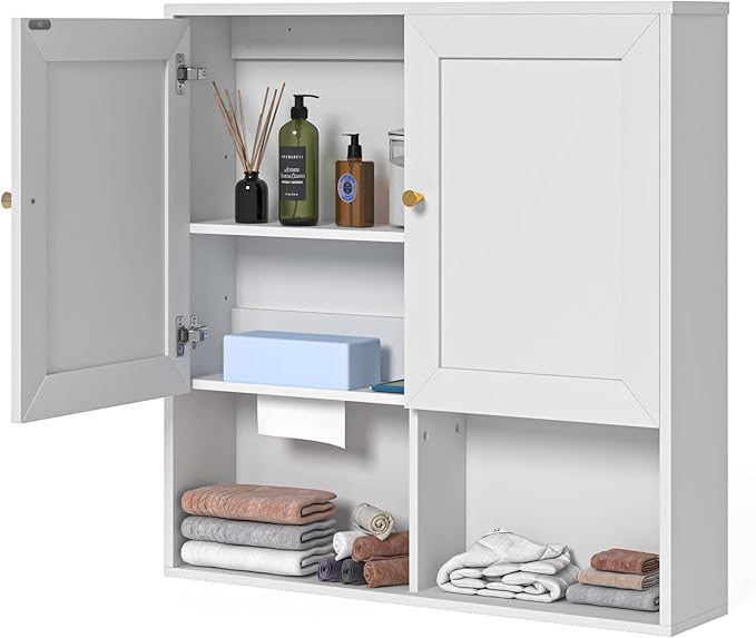 Bathroom Wall Cabinet, Medicine Cabinet with 2 Door and Adjustable Shelves,3-Tier Wood Hanging Storage Over The Toilet,White Wall Mounted Cabinet for Bathroom, Kitchen,Laundry Room