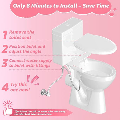 Ultra-Slim Bidet Attachment for Toilet, Non-Electric Dual Nozzle (Rear & Feminine Wash), Adjustable Fresh Cold Water Pressure, Stainless Steel Inlet, Easy to Install(Pink & White)