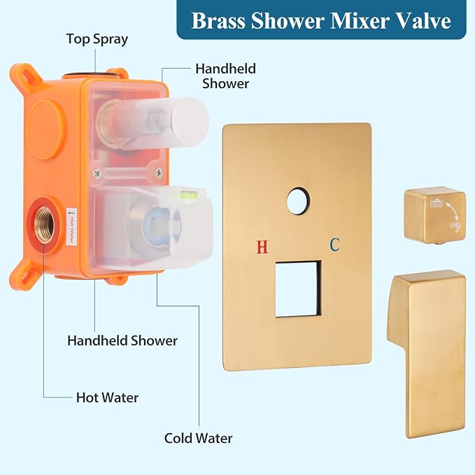 Brushed Gold Square Rainfall Shower Head Set with Handheld, 10" | Wall Mounted Bathroom Shower Faucet, 10 Inch Square Head, With Shower Valve, Rustproof Brushed Gold, High Pressure Raindrop