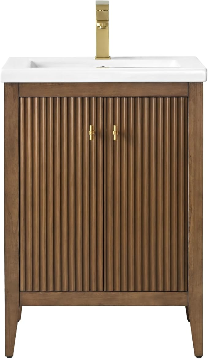 Vanity Art 24 inch Bathroom Vanity with Single Sink & Ceramic Top, Vanity Cabinet with Soft-Closing Door, Solid Wood Frame, Linear Pattern, Walnut, Golden Brushed Handware VA9124-Walnut-GB