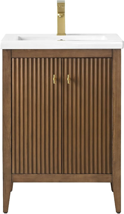 Vanity Art 24 inch Bathroom Vanity with Single Sink & Ceramic Top, Vanity Cabinet with Soft-Closing Door, Solid Wood Frame, Linear Pattern, Walnut, Golden Brushed Handware VA9124-Walnut-GB