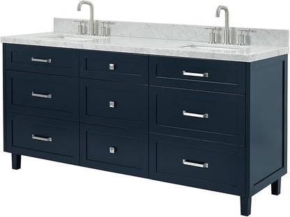 ARIEL Monroe 72-inch Bathroom Vanity with Sink,Solid Wood, 1.5-inch Italian Carrara Marble Countertop & Backsplash, Double Oval Porcelain Sink, 9 Dovetail Drawers, Brushed Nickel, Midnight Blue