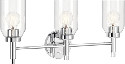 Kichler Madden 3-Light Vanity with Clear Glass in Chrome, Sloped Ceiling Compatible, for Single Vanity in Bathroom (10.5" x 24"), 55185CH