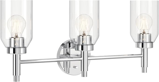 Kichler Madden 3-Light Vanity with Clear Glass in Chrome, Sloped Ceiling Compatible, for Single Vanity in Bathroom (10.5" x 24"), 55185CH