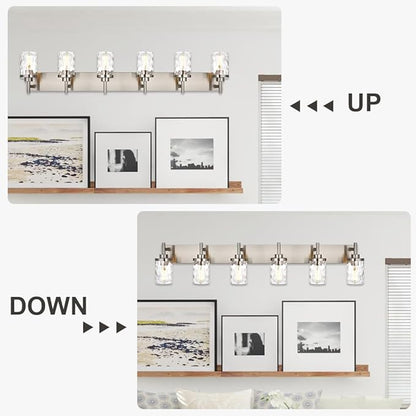 Bathroom Vanity Lighting Fixtures 6 Lights,Brushed Nickel Bathroom Vanity Lights with Clear Hammered Shade Wall Sconce Lighting Modern Farmhouse Bath Lighting