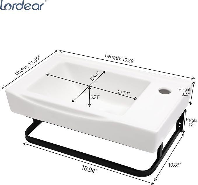 Lordear Wall Mounted Bathroom Sink with Towel Rack 20 x 11 Inch Modern Black Wall Hung Sink for ADA Bathrooms, Rectangular One Hole Porcelain Vanity Sinks