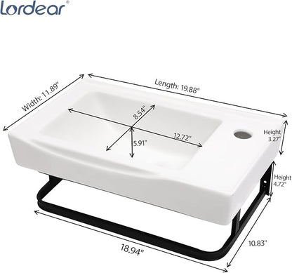 Lordear Wall Mounted Bathroom Sink with Towel Rack 20 x 11 Inch Modern Black Wall Hung Sink for ADA Bathrooms, Rectangular One Hole Porcelain Vanity Sinks