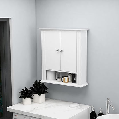 White Bathroom Wall Cabinet, Over the Toilet Storage Cabinet, Bathroom Cabinet Wall Mount, 2 Doors & Hooks, Medicine Cabinet Organizer, Hanging Wall Cabinet Cupboard for Kitchen Laundry Room White