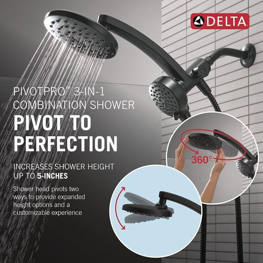 Delta 6-Setting PivotPro 3-in-1 Combination Shower Head with ProClean Spray, Matte Black Round Shower Head Rainfall with Handheld Spray, 1.75 GPM, Matte Black 75649BL