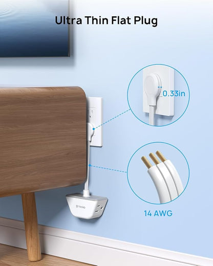 TROND Flat Outlet Extender with 6 Inch Cord for Tight Spaces | 3 Way Angled Plug Extension Outlet Adapter, Cruise Ship Essentials, Small Multiple Plug Splitter for Home Office, White