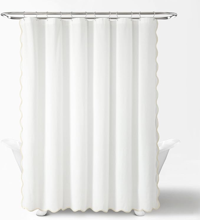 Lush Decor Coastal Chic Scallop Edge Linen-Textured Shower Curtain, Single 72" W x 72" L, Neutral & White - Scalloped Shower Curtains - Coastal Bathroom Curtain