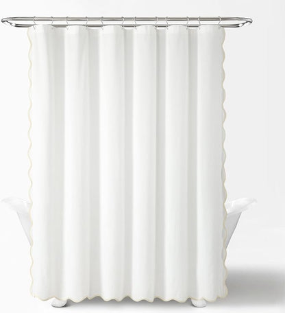 Lush Decor Coastal Chic Scallop Edge Linen-Textured Shower Curtain, Single 72" W x 72" L, Neutral & White - Scalloped Shower Curtains - Coastal Bathroom Curtain