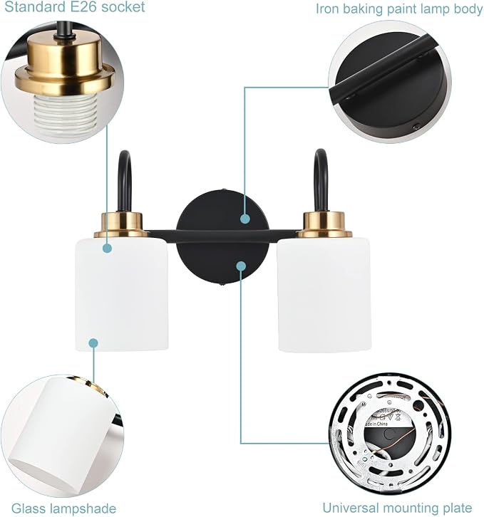 Modern Matte Black and Gold Bathroom Vanity Light Fixtures 2 Lights Milky Glass Wall Sconce Light Modern Vanity Lights Over Mirror(Exclude E26 Bulb)