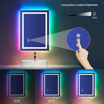 LOAAO 20"X28" RGB LED Bathroom Mirror with Lights, UL Listed | Anti-Fog, Dimmable, RGB Backlit + Front Lighted, Memory Function, Tempered Glass