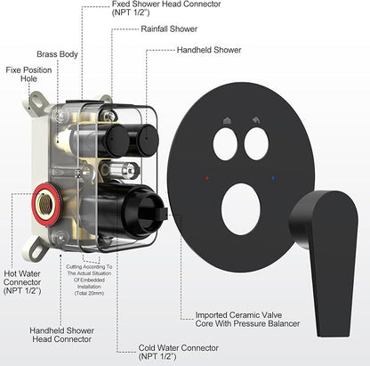 SR SUN RISE 10" Matte Black Rain Shower Faucet Set with Valve & Handheld | Dual-function High Pressure Shower System, 6-Setting Handheld, Pressure-balanced Valve Anti-Scald, Push-button Diverter