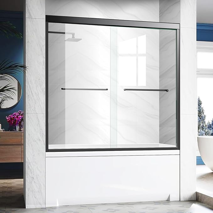 Bathtub Glass Shower Door,56-60 inch W x 57 inch Matte Black Shower Doors with 1/4 inch Clear Tempered Glass,Double Sliding Semi-Frameless Bypass Tub Doors with Stainless Steel Handles