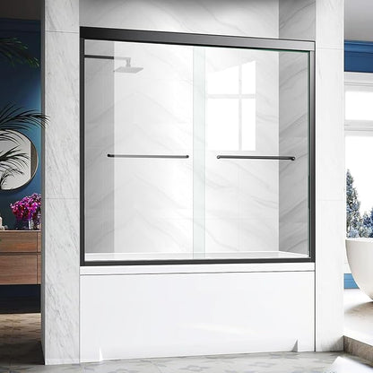 Bathtub Glass Shower Door,56-60 inch W x 57 inch Matte Black Shower Doors with 1/4 inch Clear Tempered Glass,Double Sliding Semi-Frameless Bypass Tub Doors with Stainless Steel Handles