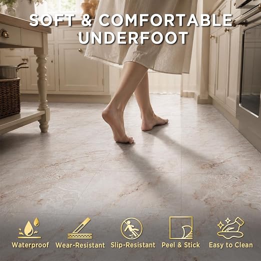 Marble Grain 12x12 Peel and Stick Floor Tile, Creamstone Marble, 10 PCS | NO Grout, NO Mess, For Kitchen, Bathroom Update, Non-Slip & Scratch-Resistant