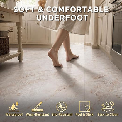 Marble Grain 12x12 Peel and Stick Floor Tile, Creamstone Marble, 10 PCS | NO Grout, NO Mess, For Kitchen, Bathroom Update, Non-Slip & Scratch-Resistant