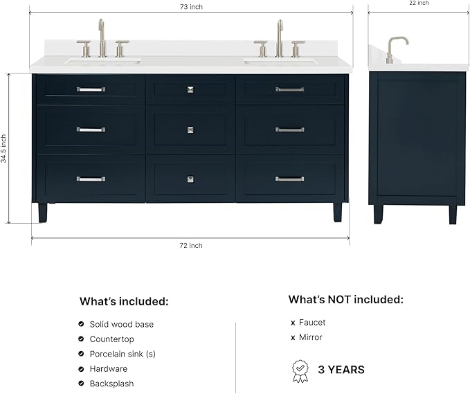 ARIEL Monroe 72-inch Bathroom Vanity with Sink,Solid Wood, 1.5-inch Pure White Quartz Countertop & Backsplash, Double Oval Porcelain Sink, 9 Dovetail Drawers, Brushed Nickel, Midnight Blue