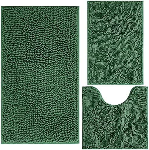 Green Bathroom Rug Chenille 3-Piece Extra Soft and Absorbent Shag Bath Mat Set, Machine Wash Bathroom Rug Set, Strong PVC Non-Slip Underside, Plush Carpet Bath Mat (Dark Green)