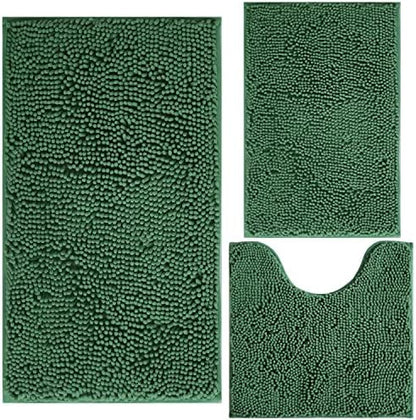 Green Bathroom Rug Chenille 3-Piece Extra Soft and Absorbent Shag Bath Mat Set, Machine Wash Bathroom Rug Set, Strong PVC Non-Slip Underside, Plush Carpet Bath Mat (Dark Green)