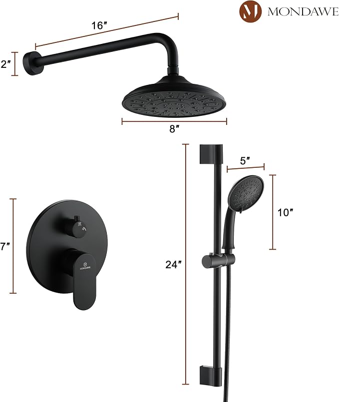 MONDAWE 8 Inch Wall Mounted Shower Faucet Set in Matte Black, Rainfall Shower Head with 3-Setting Handheld Spray Shower Set Combo, High Pressure Shower System with Solid Brass Valve