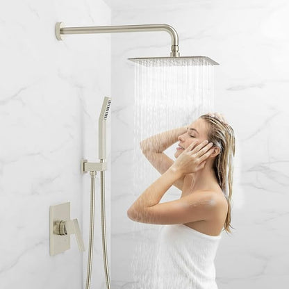 EMBATHER Shower System,10" Shower Faucet Set with Rain Shower Head and Handheld Spray Combo,Included Valve and Trim Kit,Brushed Nickel
