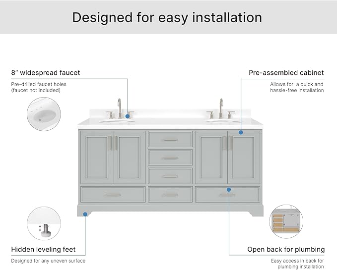 ARIEL Stafford 72-inch Bathroom Vanity with Sink,Solid Wood, 1.5-inch Pure White Quartz Countertop & Backsplash, Double Oval Porcelain Sink, 4 Soft Closing Doors, 6 Dovetail Drawers, Grey
