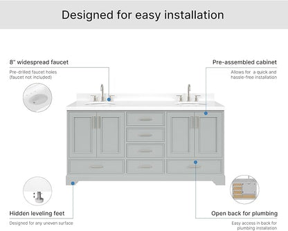 ARIEL Stafford 72-inch Bathroom Vanity with Sink,Solid Wood, 1.5-inch Pure White Quartz Countertop & Backsplash, Double Oval Porcelain Sink, 4 Soft Closing Doors, 6 Dovetail Drawers, Grey