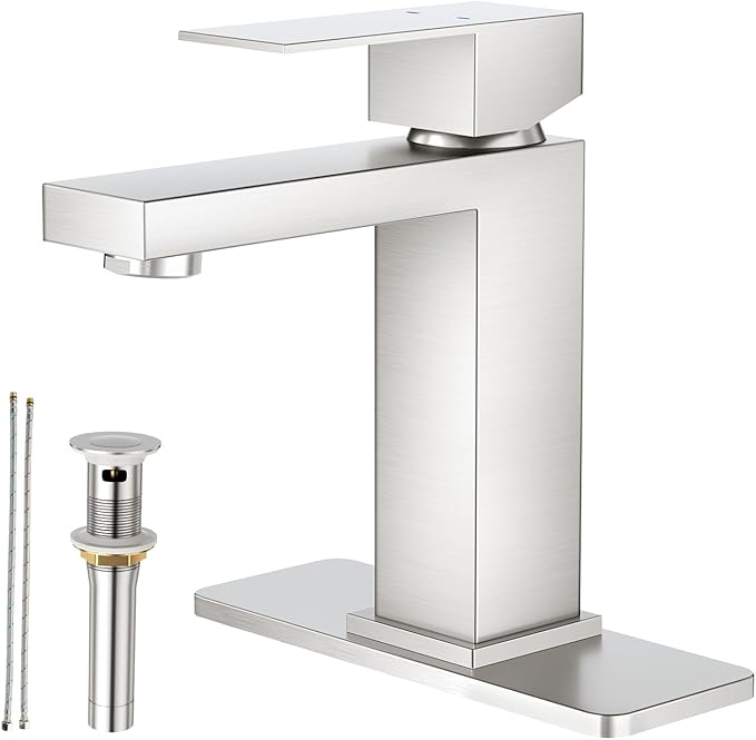 Faustina Brushed Nickel Bathroom Faucet, Single Handle Stainless Steel Bathroom Vanity Faucet with Metal Pop-Up Drain and Deck Plate for 1 or 3 Hole
