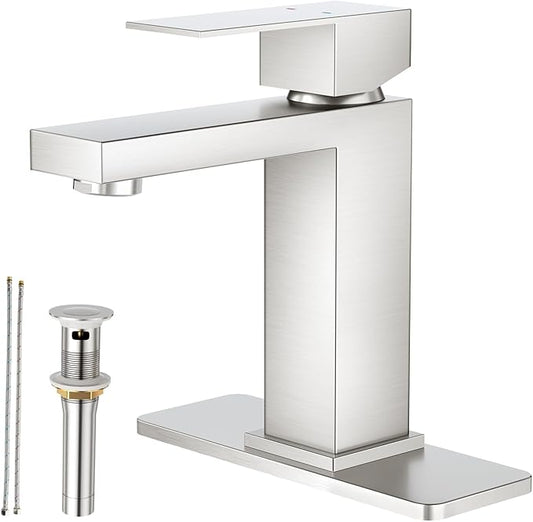 Faustina Brushed Nickel Bathroom Faucet, Single Handle Stainless Steel Bathroom Vanity Faucet with Metal Pop-Up Drain and Deck Plate for 1 or 3 Hole