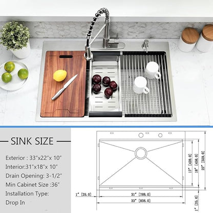 33 Inch Drop In Kitchen Sink Workstation - 33 x 22 Inch Drop In Sinks 16 Gage Stainless Steel Topmount Sinks Single Bowl 10'' Deep Handmade Above the Counter sink with Cutting Board& Strainer