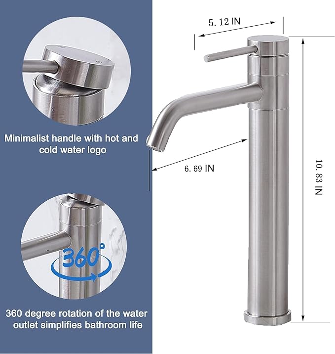 Hotis Vessel Sink Faucet Brushed Nickel, Stainless Steel Tall Bathroom Faucet with 360° Swivel Spout, Single Handle 1 Hole Bathroom Faucets with Supply Lines and Pop Up Drain, HT-TX110788L-New