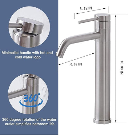 Hotis Vessel Sink Faucet Brushed Nickel, Stainless Steel Tall Bathroom Faucet with 360° Swivel Spout, Single Handle 1 Hole Bathroom Faucets with Supply Lines and Pop Up Drain, HT-TX110788L-New