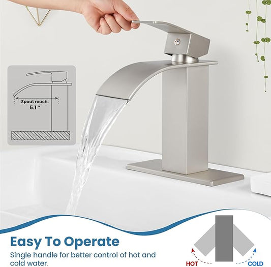 Airuida Waterfall Bathroom Faucet Brushed Nickel Single Handle Single Hole Bathroom Sink Faucet 1 or 3 Hole Basin Mixer Tap, Rv Lavatory Vanity Faucet with Deck Plate and Supply Lines
