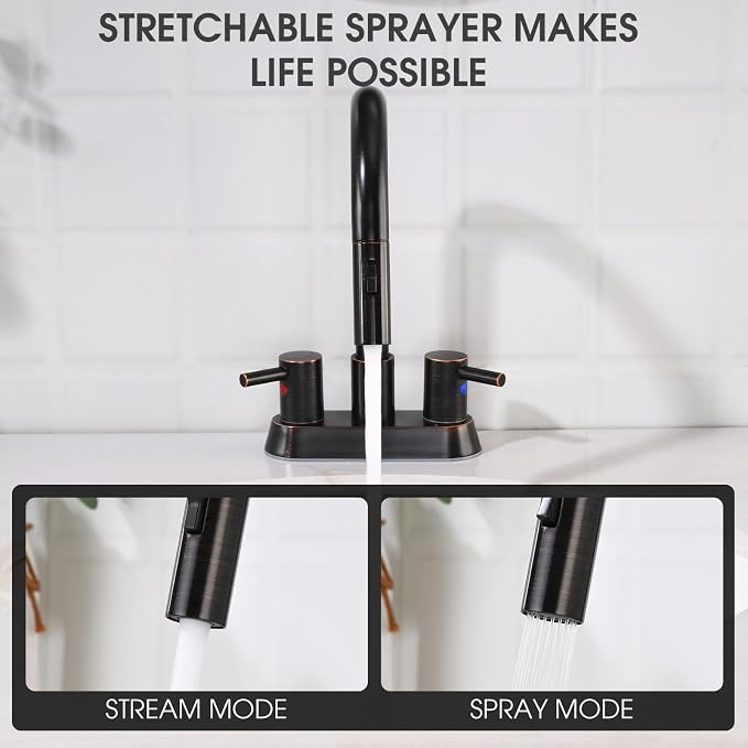 Oil Rubbed Bronze Bathroom Faucet with Pull Out Sprayer, Dual-Function Spout Bronze Bathroom Sink Faucets, 4 Inch Two Handle Utility Sink Faucet with Sprayer 3 Hole, Easy Pet Shower, RVs
