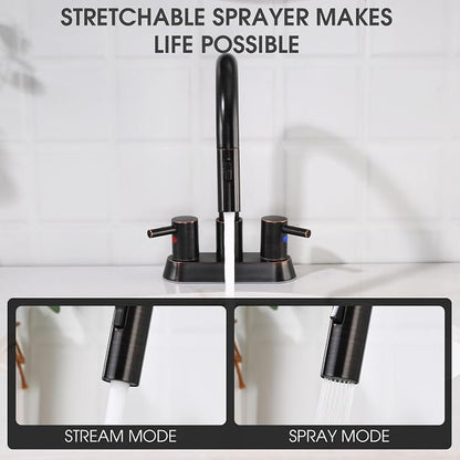 Oil Rubbed Bronze Bathroom Faucet with Pull Out Sprayer, Dual-Function Spout Bronze Bathroom Sink Faucets, 4 Inch Two Handle Utility Sink Faucet with Sprayer 3 Hole, Easy Pet Shower, RVs