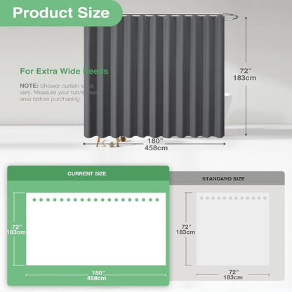 Extra Wide Waffle Shower Curtain 256 GSM 180"x72" Charcoal Grey | 180 Inch Wide, Thick Cloth, Weighted Hem, Water Repellent, Hotel Luxury Polyester Shower Curtain Set for Bathroom 32 Hooks