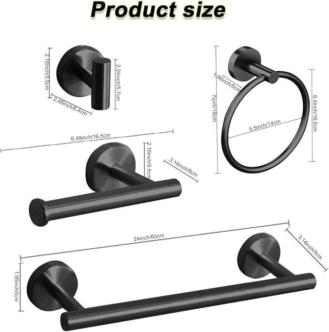 Cilee 10 Piece Matte Black Bathroom Accessories Set, 24 inch Towel Bar Set | Black Towel Bar Ring + Toilet Paper Holder + Robe Towel Hook, Stainless Steel Bathroon Hardware Set