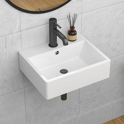 Wall Mounted Bathroom Sink 20"x17" Ceramic Floating Vessel Sink | Wall Hung Ceramic Bathroom Sink White Rectangular Wall Mount Wash Basin Porcelain Lavatory Sink