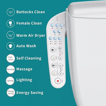 KERDE 08 Smart Electric Bidet Toilet Seat with Warm Air Dryer Heated Adjustable Warm Water Seat Temperature Self-Cleaning Nozzle Easy Installation for Most Toilets Elongated (Armrest-Control Model)