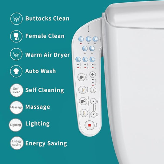 KERDE 08 Smart Electric Bidet Toilet Seat with Warm Air Dryer Heated Adjustable Warm Water Seat Temperature Self-Cleaning Nozzle Easy Installation for Most Toilets Elongated (Armrest-Control Model)