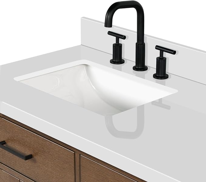 Isabella 66-Inch Brown Oak Double Bathroom Vanity with Sink, 1.5-Inch Edge Pure White Quartz Countertop & 4" Backsplash, Soft-Closing Doors & Drawers, Solid Oak Wood Construction