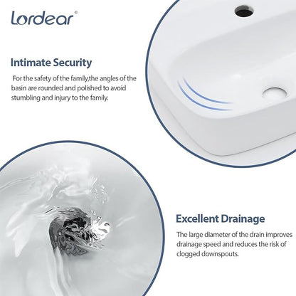 Lordear Wall Mounted Vessel Sink 16x11 Inch, U-Shape White Porcelain Bathroom Sink with Black Faucet and Support Pedestal Legs, Wall Hung Vanity Sink with Towel Rack for Small Bathrooms