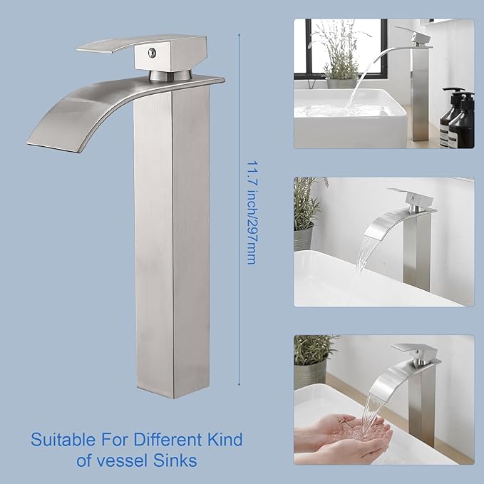 Silver faucet with measurements and usage scenarios on a blue background