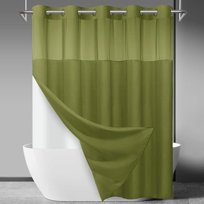 SORTTO No Hook Slub Shower Curtain with Liner, 71x74, Olive | Snap in Liner, 3 in 1, Bamboo Texture, Hotel Style, Waterproof Fabric, Mesh Top Window, Corner Magnets, Machine Washable